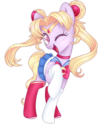 Size: 2286x2730 | Tagged: safe, artist:hawthornss, earth pony, pony, celena, clothes, cosplay, costume, crossover, cute, ear piercing, earring, female, gameloft, hair accessory, jewelry, looking at you, magical pony, mare, nightmare night costume, one eye closed, open mouth, open smile, piercing, sailor moon, serena tsukino, simple background, smiling, smiling at you, socks, solo, transparent background, tsukino usagi, twintails, wink, winking at you