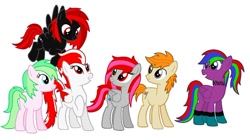 Size: 960x539 | Tagged: safe, artist:pizzamovies, oc, oc only, oc:crystalatora, oc:lemony snubs, oc:pizzamovies, oc:sunny breeze, oc:vanir, oc:zephyr buck, earth pony, pegasus, pony, unicorn, cutie mark, flying, group, red and black oc, red eyes, simple background, smiling, solo, standing, teeth, transparent background, vector