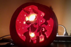 Size: 1080x720 | Tagged: safe, artist:scribblepwn3, nightmare moon, carving, glowing eyes, jack-o-lantern, nightmare night, pumpkin, solo, traditional art