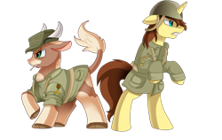 Size: 3318x2095 | Tagged: safe, artist:pridark, oc, oc only, bull, pony, unicorn, bipedal, cigarette, clothes, commission, duo, green eyes, gritted teeth, hat, helmet, male, military, raised hoof, simple background, stallion, transparent background