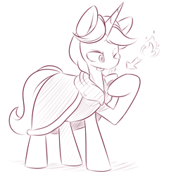 Size: 1024x1024 | Tagged: safe, artist:dshou, oc, oc only, pony, unicorn, cloak, clothes, commission, monochrome, sketch, solo