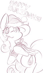 Size: 1024x1720 | Tagged: safe, artist:dshou, oc, oc only, pegasus, pony, commission, happy holidays, hat, monochrome, santa hat, sketch, solo, wine bottle