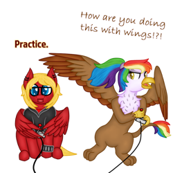 Size: 500x500 | Tagged: safe, artist:timid tracks, oc, oc only, oc:katie jay ewing, oc:rainbow feather, griffon, clothes, controller, dialogue, interspecies offspring, jacket, joystick, magical lesbian spawn, offspring, parent:gilda, parent:rainbow dash, parents:gildash, piercing, video game, wings