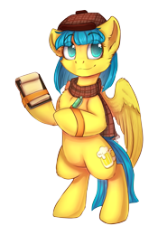 Size: 1877x2687 | Tagged: dead source, safe, artist:freckleplant, oc, oc only, oc:ginger ale, pony, bipedal, clothes, hoof hold, scarf, simple background, solo, transparent background