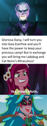 Size: 1538x4069 | Tagged: safe, gaea everfree, gloriosa daisy, equestria girls, legend of everfree, absurd resolution, akumatized, crossover, dialogue, hawk moth, magical geodes, miraculous ladybug