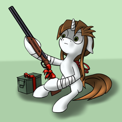 Size: 1940x1940 | Tagged: safe, artist:panzerhi, oc, oc only, pony, unicorn, gun, present, ribbon, rifle, shrunken pupils, solo, weapon, wide eyes