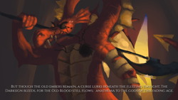 Size: 3840x2160 | Tagged: safe, artist:fpbarros, garble, dragon, comic:in the beginning, bandage, crossover, dark souls, darksign, older, weapon