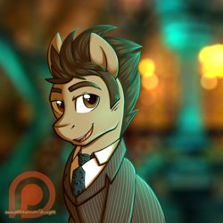 Size: 1440x1440 | Tagged: safe, artist:deyogee, doctor whooves, earth pony, pony, clothes, crossover, doctor who, looking at you, patreon, patreon logo, ponified, solo, tardis, tenth doctor