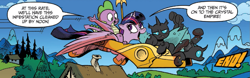 Size: 1227x385 | Tagged: safe, artist:andypriceart, idw, spike, twilight sparkle, twilight sparkle (alicorn), alicorn, changeling, dragon, pony, spoiler:comic, spoiler:guardians of harmony, armor of friendship, female, flying, male, mare, official comic, speech bubble