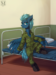 Size: 1029x1378 | Tagged: safe, artist:margony, oc, oc only, pegasus, pony, bed, commission, looking at you, male, military, military uniform, pillow, smiling, solo, stallion