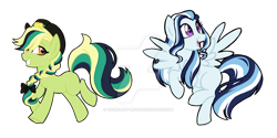 Size: 1024x512 | Tagged: safe, artist:azure-art-wave, oc, oc only, earth pony, pegasus, pony, female, magical lesbian spawn, mare, offspring, parent:applejack, parent:coloratura, parent:wind waker, parents:rarajack, simple background, transparent background, watermark