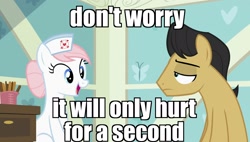 Size: 1920x1090 | Tagged: safe, edit, edited screencap, screencap, cherry cola, cherry fizzy, nurse redheart, earth pony, pony, a flurry of emotions, cute, female, frown, happy, image macro, lidded eyes, male, mare, meme, open mouth, sad, sitting, smiling, stallion, tongue depressor