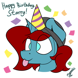 Size: 3000x3000 | Tagged: safe, artist:magmatic, oc, oc only, oc:starry gaze, pony, unicorn, :p, hat, party hat, solo, tongue out