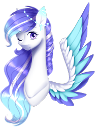 Size: 908x1199 | Tagged: safe, artist:clefficia, oc, oc only, oc:starry, pegasus, pony, colored wings, female, mare, multicolored wings, one eye closed, simple background, solo, transparent background, wink