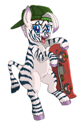 Size: 1400x2044 | Tagged: safe, artist:xkaix2501, oc, oc only, oc:zebella, zebra, 2017 community collab, backwards ballcap, baseball cap, cap, derpibooru community collaboration, hat, looking at you, open mouth, simple background, skateboard, solo, tongue out, transparent background