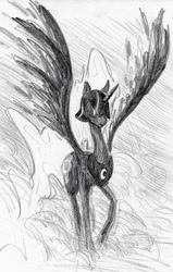 Size: 948x1490 | Tagged: safe, artist:t72b, derpibooru exclusive, nightmare moon, alicorn, pony, armor, fog, grayscale, monochrome, night, raised hoof, solo, spread wings, traditional art, wings