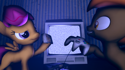 Size: 3840x2160 | Tagged: safe, button mash, scootaloo, 3d, duo, nintendo 64, perfect dark, scootaloo will show us games to play, scootamash, source filmmaker, static, television