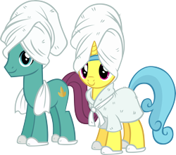 Size: 4822x4269 | Tagged: safe, artist:ironm17, lemon hearts, earth pony, pony, unicorn, absurd resolution, autumn leaf, bathrobe, clothes, duo, female, lemonleaf, male, mare, shipping, simple background, slippers, stallion, straight, towel, transparent background, vector