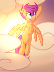 Size: 1750x2300 | Tagged: safe, artist:drawntildawn, scootaloo, pegasus, pony, cloud, cloudy, female, filly, flying, scootaloo can fly, solo