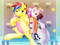 Size: 1600x1200 | Tagged: safe, artist:timidwithapen, oc, oc only, oc:blazing hooves, oc:curly heliotrope, zebra, annoyed, blushing, bottle, cleaning, drying, gay, male, smiling, smirk, steamy, sweat, towels