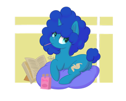 Size: 1024x819 | Tagged: safe, artist:soulfulmirror, oc, oc only, oc:cyanus blues, pony, unicorn, book, dock, female, food, mare, mouth hold, pillow, plot, pocky, prone, simple background, solo, transparent background