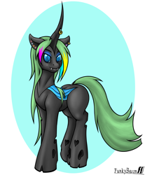 Size: 1658x2000 | Tagged: safe, artist:funkybacon, oc, oc only, oc:becky, changeling, curved horn, ear piercing, earring, fangs, female, jewelry, looking at you, piercing, solo