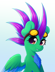 Size: 2280x3000 | Tagged: safe, artist:fluffymaiden, oc, oc only, oc:sparrow, pegasus, pony, bust, chest fluff, female, goggles, gradient background, high res, mare, portrait, solo