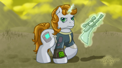 Size: 1920x1080 | Tagged: safe, artist:anscathmarcach, oc, oc only, oc:littlepip, pony, unicorn, fallout equestria, g3, clothes, commission, fanfic, fanfic art, female, g4 to g3, generation leap, glowing horn, gun, handgun, little macintosh, magic, mare, pipbuck, revolver, solo, telekinesis, vault suit, weapon