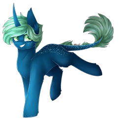 Size: 1666x1708 | Tagged: safe, artist:cloud-drawings, oc, oc only, oc:spirit moss, dracony, hybrid, pony, unicorn, commission, freckles, green eyes, male, raised leg, simple background, solo, stallion, transparent background