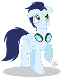 Size: 1138x1448 | Tagged: safe, artist:hufflepuffrave, soarin', pony, blushing, drunk, floppy ears, goggles, raised hoof, simple background, solo, transparent background