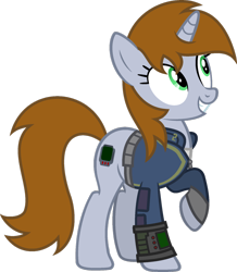 Size: 1024x1176 | Tagged: safe, artist:pegasski, oc, oc only, oc:littlepip, pony, unicorn, fallout equestria, clothes, cutie mark, fanfic, fanfic art, female, grin, hooves, horn, mare, pipbuck, raised hoof, simple background, smiling, solo, teeth, transparent background, vault suit