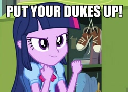 Size: 800x576 | Tagged: safe, edit, edited screencap, screencap, twilight sparkle, equestria girls, >:), image macro, locker, meme, shoes, smiling, sneakers, solo