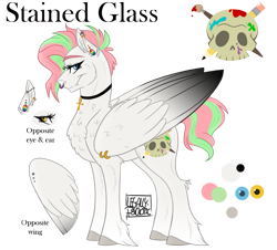 Size: 1437x1298 | Tagged: safe, artist:legally-psychotic, oc, oc only, oc:stained glass, pegasus, pony, female, mare, nose piercing, nose ring, piercing, reference sheet, solo, unshorn fetlocks, wing piercing