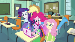 Size: 1920x1080 | Tagged: safe, applejack, fluttershy, pinkie pie, rarity, twilight sparkle, equestria girls, equestria girls (movie), book, boot, bracelet, chalkboard, classroom, computer, door, happy, incomplete twilight strong, jewelry, laptop computer, pinkie pie laptop, raised leg, table