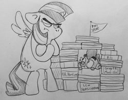 Size: 1280x999 | Tagged: safe, artist:pirateshenani, spike, twilight sparkle, twilight sparkle (alicorn), alicorn, dragon, pony, bipedal, book fort, traditional art