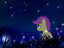 Size: 3700x2800 | Tagged: safe, artist:rutkotka, scootaloo, firefly (insect), pegasus, pony, cute, cutealoo, featured on derpibooru, female, filly, grass, looking up, night, scenery, scenery porn, shooting star, smiling, solo, starry night, stars