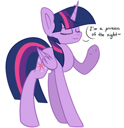 Size: 1024x1053 | Tagged: safe, artist:despotshy, twilight sparkle, twilight sparkle (alicorn), alicorn, pony, dialogue, eyes closed, princess of the night, raised hoof, simple background, smug, solo, transparent background, underhoof