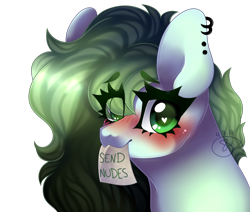 Size: 1024x870 | Tagged: safe, artist:starshame, oc, oc only, pony, blushing, dog lip, ear piercing, earring, female, jewelry, looking at you, mare, mouth hold, note, piercing, send nudes, simple background, solo, transparent background, we don't normally wear clothes