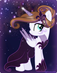 Size: 963x1237 | Tagged: safe, artist:nightmarelunafan, artist:tenebristayga, edit, oc, oc only, oc:fleur de magic, alicorn, pony, alicorn oc, base used, clothes, dress, eyeshadow, female, hair ornament, makeup, mare, solo, stars