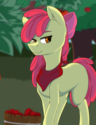 Size: 5100x6600 | Tagged: safe, artist:lula-moonarts, apple bloom, earth pony, pony, absurd resolution, apple, bandana, bow, farming, female, filly, food, hair bow, missing cutie mark, neckerchief, smiling, solo