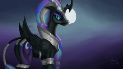 Size: 1920x1080 | Tagged: safe, artist:astralmelodia, nightmare moon, alicorn, pony, alternate universe, black sclera, moon, solo