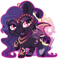 Size: 460x466 | Tagged: safe, artist:miss-glitter, oc, oc only, oc:nightengale, bat pony, pony, accessories, bat wings, chibi, eyeshadow, female, flower, heart eyes, makeup, mare, rose, solo, unshorn fetlocks, wingding eyes