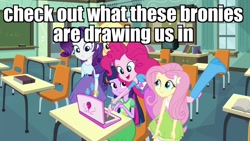 Size: 1920x1080 | Tagged: safe, edit, edited screencap, screencap, applejack, fluttershy, pinkie pie, rarity, twilight sparkle, equestria girls, equestria girls (movie), book, boots, bracelet, bronybait, chalkboard, classroom, computer, door, happy, high heel boots, image macro, incomplete twilight strong, jewelry, laptop computer, meme, pinkie pie laptop, raised leg, table