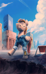 Size: 3000x4787 | Tagged: safe, artist:hunternif, oc, oc only, pegasus, pony, fallout equestria, absurd resolution, building, clothes, cloud, commission, content, eyes closed, male, pipbuck, sky, smiling, solo, stallion