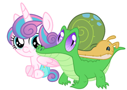 Size: 1086x772 | Tagged: safe, artist:red4567, gummy, princess flurry heart, whammy, pony, a flurry of emotions, baby, baby pony, cute, diaper, riding, snail