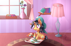 Size: 4200x2712 | Tagged: safe, artist:scarlet-spectrum, fresh coat, pony, unicorn, absurd resolution, backwards ballcap, baseball cap, book, bookshelf, cap, clothes, curtains, cute, female, filly, floppy ears, flower, hat, hoof painting, lamp, lens flare, oversized clothes, paint, paint on fur, painting, paper, smiling, solo, vase, weapons-grade cute, window, younger