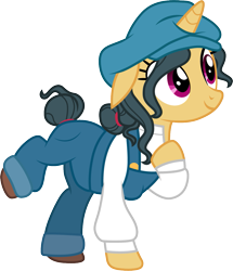Size: 1001x1165 | Tagged: safe, artist:cloudyglow, fresh coat, pony, unicorn, atlantis: the lost empire, audrey ramirez, clothes, clothes swap, cosplay, costume, crossover, cute, disney, female, hat, mare, ponified, raised leg, simple background, smiling, solo, transparent background, vector