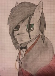 Size: 501x691 | Tagged: safe, artist:lxden, oc, oc only, oc:hell fire, bowtie, brother, cloak, clothes, ear piercing, earring, gentlepony, graph paper, green eyes, jewelry, piercing, russia, solo, traditional art