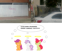 Size: 5184x4376 | Tagged: safe, apple bloom, scootaloo, sweetie belle, absurd resolution, car, cutie mark crusaders, graffiti, irl, photo, vandalism