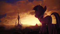 Size: 3200x1800 | Tagged: safe, artist:yvt-jp, twilight sparkle, pony, castle, scenery, solo, sunset, twilight (astronomy)